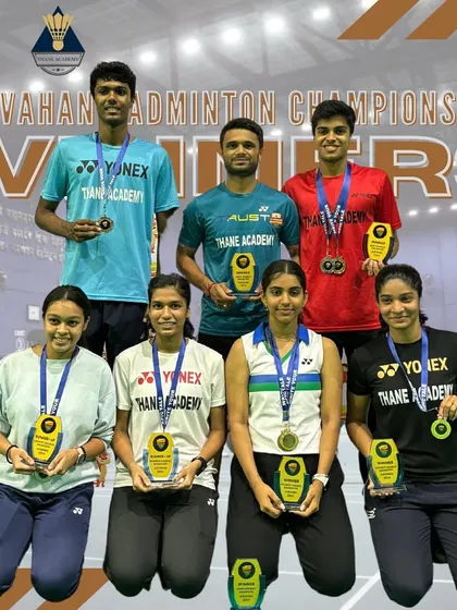 A group photo of our winners from the IIT Avahan Badminton Championships, where they secured multiple medals.