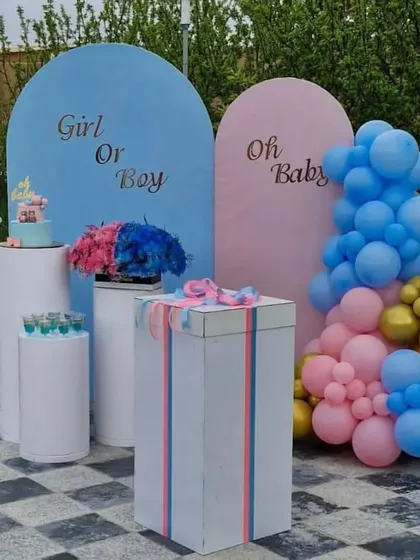 A modern and minimalist gender reveal setup for an outdoor party. It features two arched backdrops in pink and blue, a balloon garland, and pedestals for the cake and drinks.
