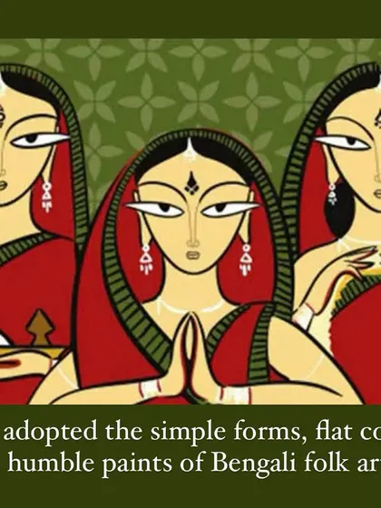 Roy adopted the simple forms, flat colors, and humble paints of Bengali folk artists, creating a style that is uniquely his own.