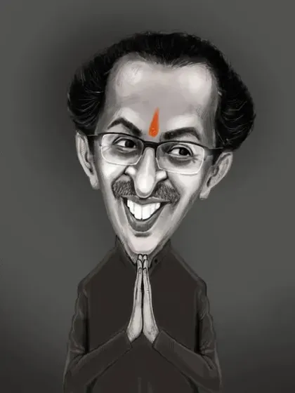 A striking black-and-white caricature of politician Uddhav Thackeray, focusing on a strong likeness and expression.