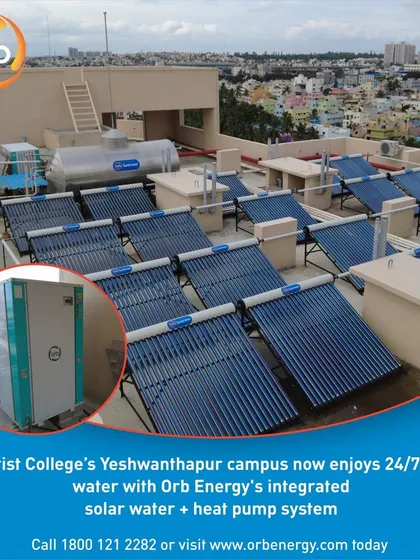 We installed an integrated solar water and heat pump system at Christ College's Yeshwanthapur campus to provide 24/7 hot water. This 20,000-liter capacity system serves 1,000 students daily and reduced the campus electricity bills by 75%, achieving a full return on investment in just one year.