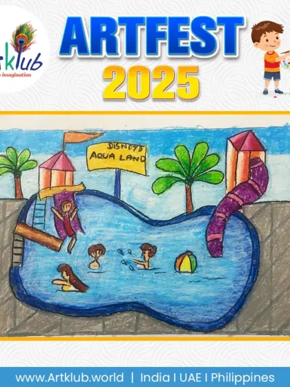 A fun-filled day at a water park, as imagined by a junior artist. The drawing shows children splashing in the pool and going down a slide.