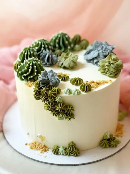 A trendy succulent and cactus cake. I used different shades of green buttercream and various piping tips to create a garden of realistic, edible succulents.