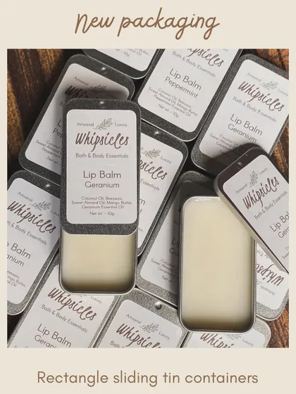 Our new rectangle sliding tin containers for lip balms. This shows the Geranium and Peppermint variants, ready to go.