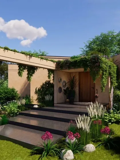 The main entrance of the Earth Abode is framed by architectural planes and integrated planters, immediately establishing the home's connection to nature.