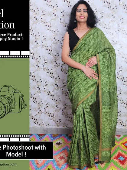 A confident pose by a model in a green saree, looking directly at the camera. This engaging shot helps create a connection with the customer.