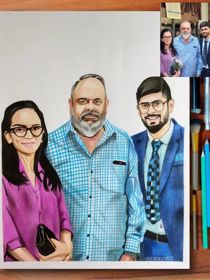This colored pencil drawing on A3 paper brings three family members together. I focused on their expressions and the textures of their clothing to create a lifelike group portrait.