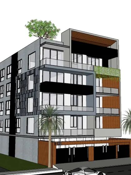 An upcoming residential project in Gurugram, featuring a fluted facade and a prominent tree on the rooftop terrace. This design brings a piece of the natural world to the highest point of the building.