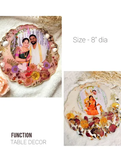 A showcase of my 8-inch diameter round frames, perfect for table decor. These pieces transform your special flowers and moments into stunning handcrafted keepsakes.