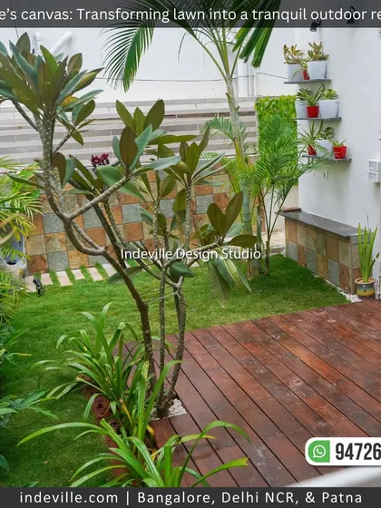 A duplicate image of the lush backyard with its wooden deck and tropical planting scheme.