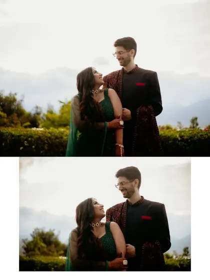 A collage of a couple sharing a loving gaze against a beautiful mountain backdrop.