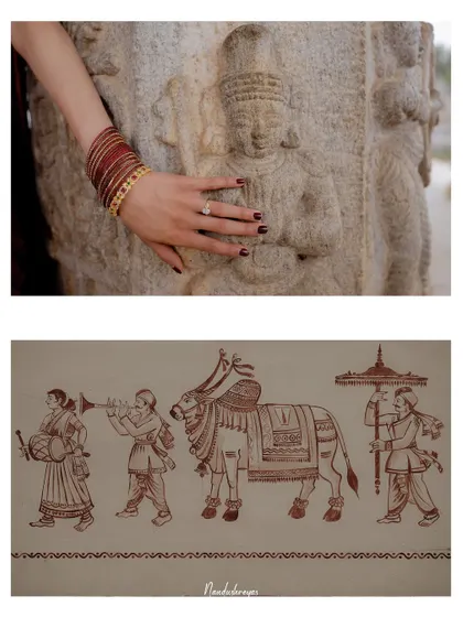 A detail shot collage, combining a close-up of the bride's hand on a temple carving with a traditional artistic motif.