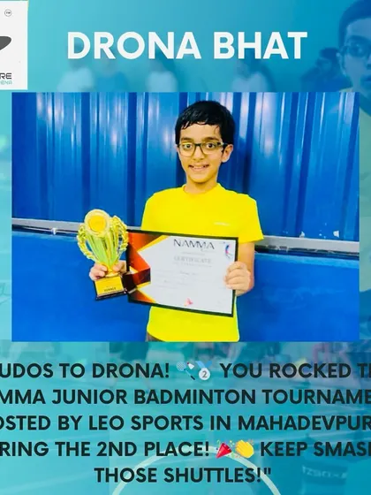 Kudos to Drona for securing 2nd place at the Namma Junior Badminton Tournament. He is consistently performing at a high level.