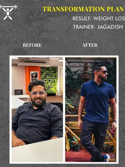 This before and after photo highlights a dramatic change in body composition and confidence. Our trainer Jagadish specializes in creating effective fat loss and muscle gain programs that change lives.