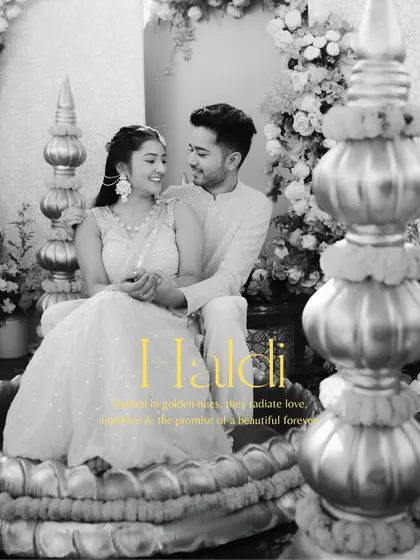 A timeless black and white version of a romantic Haldi portrait. This artistic choice emphasizes the emotion and connection between the couple, stripping away color to focus on their bond.