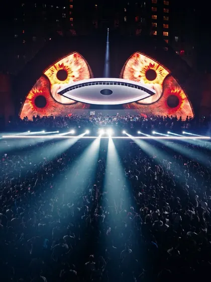 Another stunning visual from the NEWORLD stage, where fiery eyes stared out over the massive crowd. I use state-of-the-art LED technology to create powerful, thematic visuals that tell a story throughout the night.