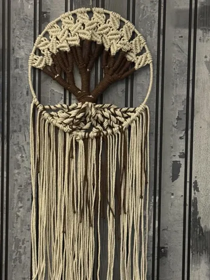 A full view of the macrame Tree of Life wall hanging. It's a stunning piece that will be the focal point of any room.
