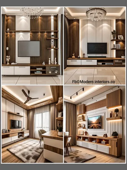 This set of designs explores the beauty of combining white with natural wood tones. Notice the use of vertical wood slats and integrated lighting to add depth and warmth, creating a cozy yet sophisticated entertainment area.