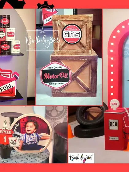A duplicate of image 15, showing the creative, custom props for our car mechanic theme.