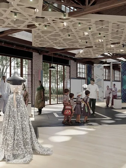 An exhibition space within our Solina Silk Factory concept. We envisioned a flexible gallery where historic trusses and brick walls serve as a backdrop for contemporary cultural displays.
