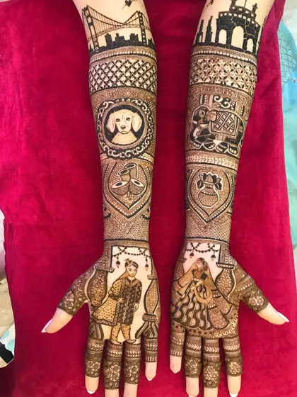 Your mehndi, your story. This bride wanted to include her beloved pet dog, along with skylines of the cities that are special to her and her partner. I love making such personalized designs.