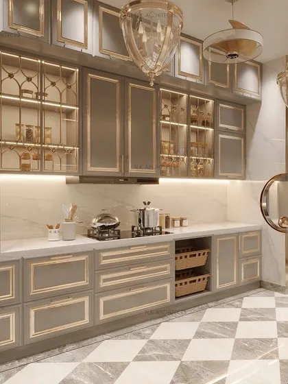 The kitchen is the heart of the home. For this project, we designed a serene space with a bespoke checkerboard floor inlay and statement cabinetry featuring mirrored shutters and exquisite golden detailing for a touch of timeless sophistication.