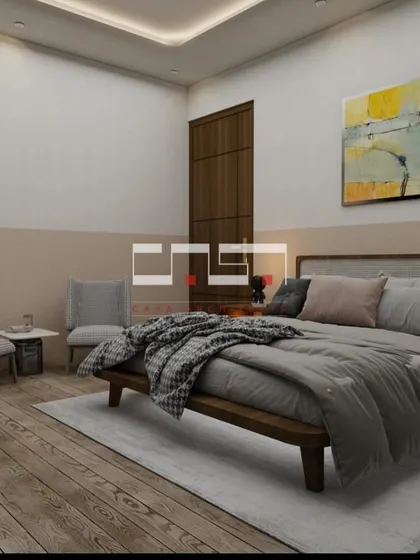 Another angle of the Shivgyan Vivanta bedroom render, showing the clean lines of the wooden bed frame and the comfortable seating area.