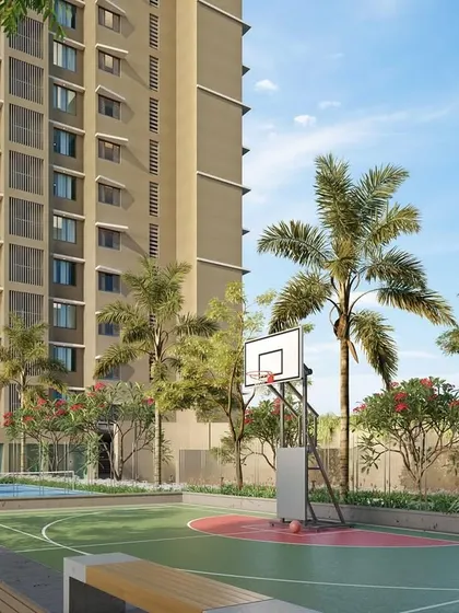 The amenity deck of the North Mumbai development, featuring a basketball court and swimming pool, designed to offer residents a complete live and play experience.