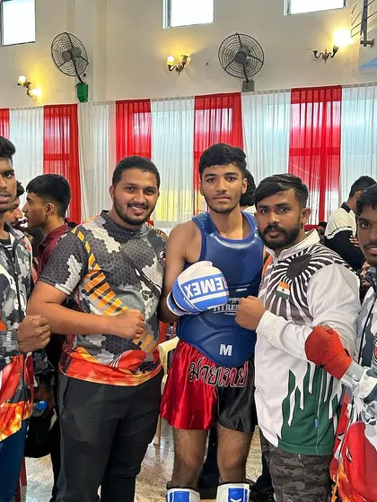 My fighters, ready for battle at the Karnataka State Muay Thai Championship. They stand together as a team, supporting each other before and after their matches.
