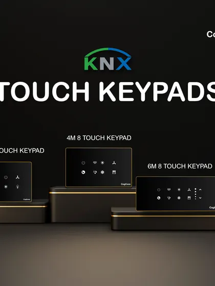 We offer a variety of KNX touch keypads to fit standard electrical wall boxes. This product showcase displays our 2-module, 4-module, and 6-module options, each providing a clean, modern look with customizable icons for intuitive control.