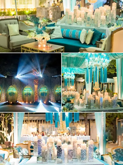 A collage of a dreamy, light-filled event with a turquoise and gold color palette, featuring candlelit decor, elegant draping, and dramatic stage lighting.