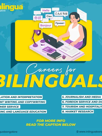 Being bilingual opens up a diverse range of career paths. This graphic lists several fields where language skills are a major asset, including translation, content writing, foreign service, and market research.