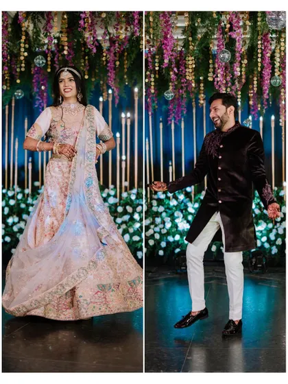 A collage of the couple's choreographed dance performance at their Sangeet.