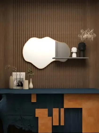 This lobby highlight features a bespoke console table with a unique sculpted design, set against a backdrop of rich wooden paneling.