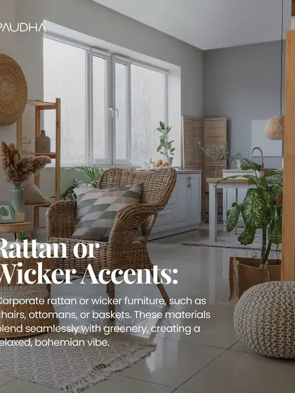 Rattan or wicker accents, such as this chair and coffee table, blend seamlessly with greenery. These materials help create a relaxed, bohemian vibe that is both comfortable and stylish.