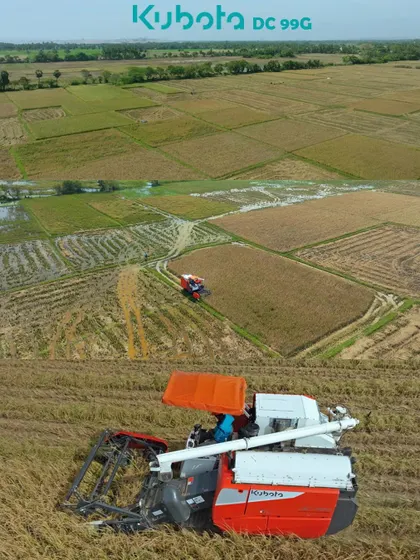 For product launches, we create compelling videos that show your equipment in its intended environment. This shot for the Kubota Harvester launch promo captures the machine at work in the field, demonstrating its efficiency and capabilities from both aerial and ground perspectives.