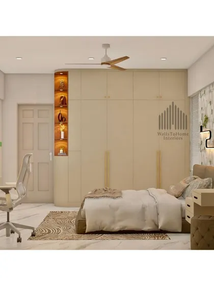 A full view of the neutral-toned bedroom, showcasing the wardrobe, a compact study desk, and a stylish dressing table.
