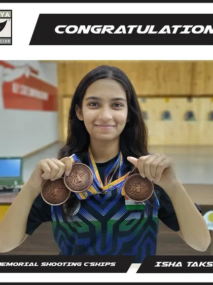 Our 'Girls for Gold' shooter Isha Taksale with her three bronze medals from the KSS Memorial Shooting Championships.