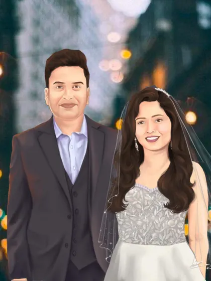A full-length digital portrait for a Christian wedding. The bokeh background adds a romantic, dreamy feel to this illustration, perfect for an evening reception invite.