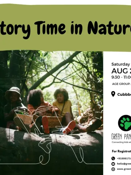 A poster for one of our "Story Time in Nature" events, showcasing the magical, immersive setting where our tales unfold.