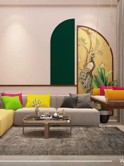 Another angle of the 'Sobha Daisy' living room, showing the L-shaped sofa, colorful cushions, and the elegant wooden swing, creating a perfect space for relaxation.