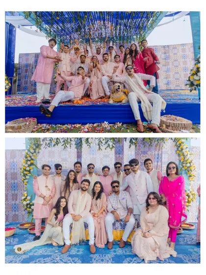 Two happy group photos from a haldi ceremony. These images capture the couple with their friends and family, showcasing the love and support surrounding them.