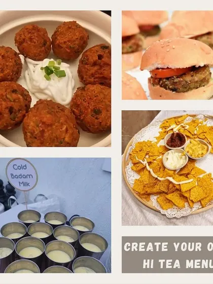 Create your own hi-tea menu with us! This collage shows some of our popular options, including falafel with dip, mini burgers, nachos, and refreshing cold badam milk.