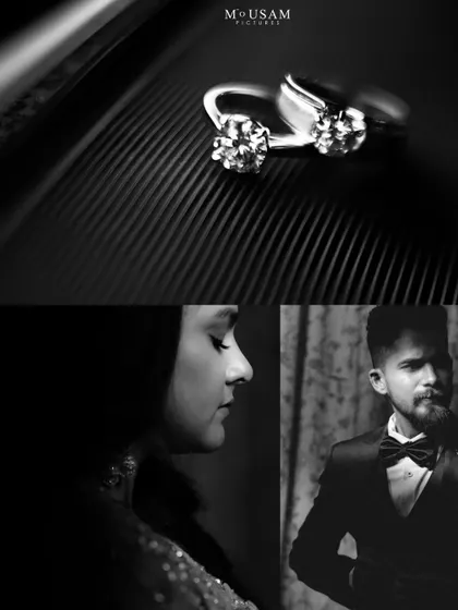 A moody black and white collage from an engagement shoot. It features artistic shots of the rings and dramatic portraits of the bride and groom, creating a very cinematic and sophisticated feel.