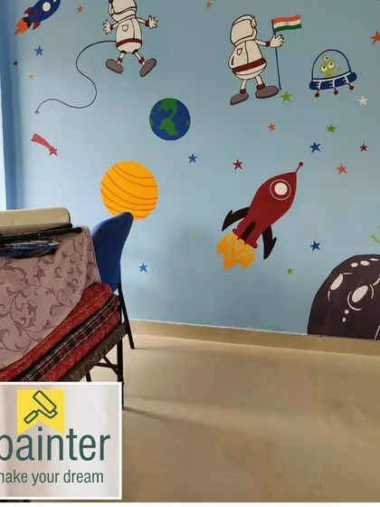 A fun and colorful outer space theme for a child's room, complete with astronauts, rockets, and planets. This kind of wall art makes a room a magical place for kids.