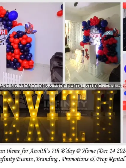 Your friendly neighborhood Spider-Man swings into this 7th birthday party at home. The decor features a red and blue balloon garland, a spiderweb prop, themed cylinder tables, and large marquee letters, creating an action-packed celebration.