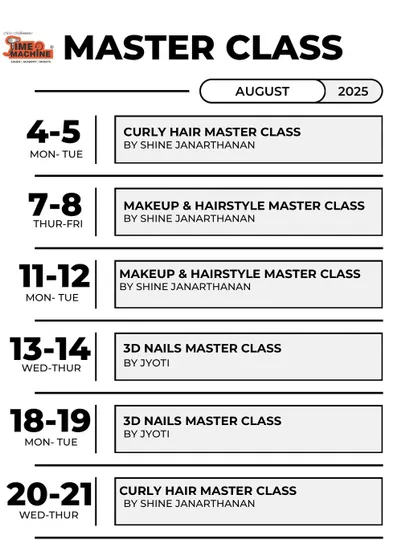 Our masterclass schedule for August, featuring courses in Curly Hair, Makeup & Hairstyle, and 3D Nails.