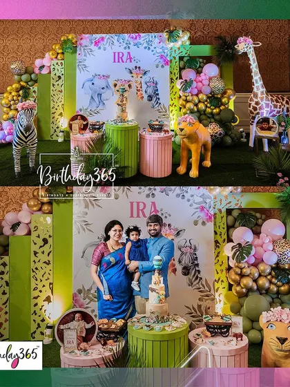 A family photo from Ira's jungle party. The custom backdrop and life-sized animal props create a beautiful and memorable setting for family portraits.