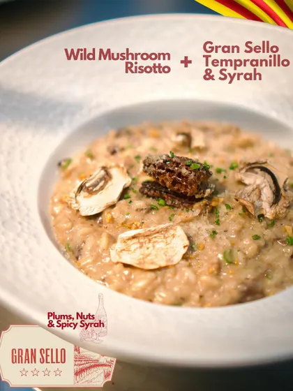 This graphic explains the pairing of our Wild Mushroom Risotto with a Tempranillo & Syrah blend. It details the complementary flavor notes, offering insight into our curated wine and food matching philosophy.