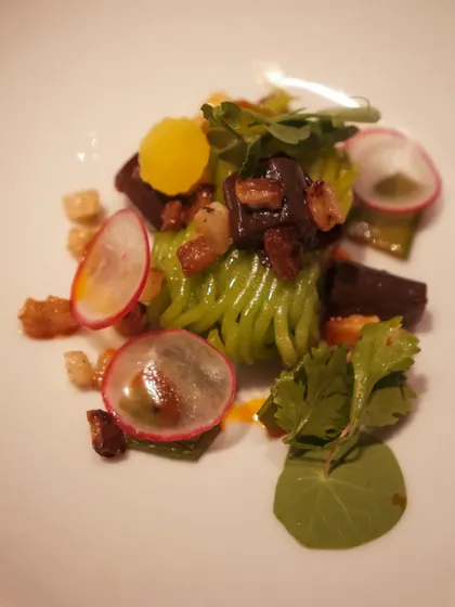 To celebrate the Lunar New Year, I created this dish of silken Green Pea Rice Noodles with a coconut green curry, textures of radish, baby potato, and crispy lotus root.